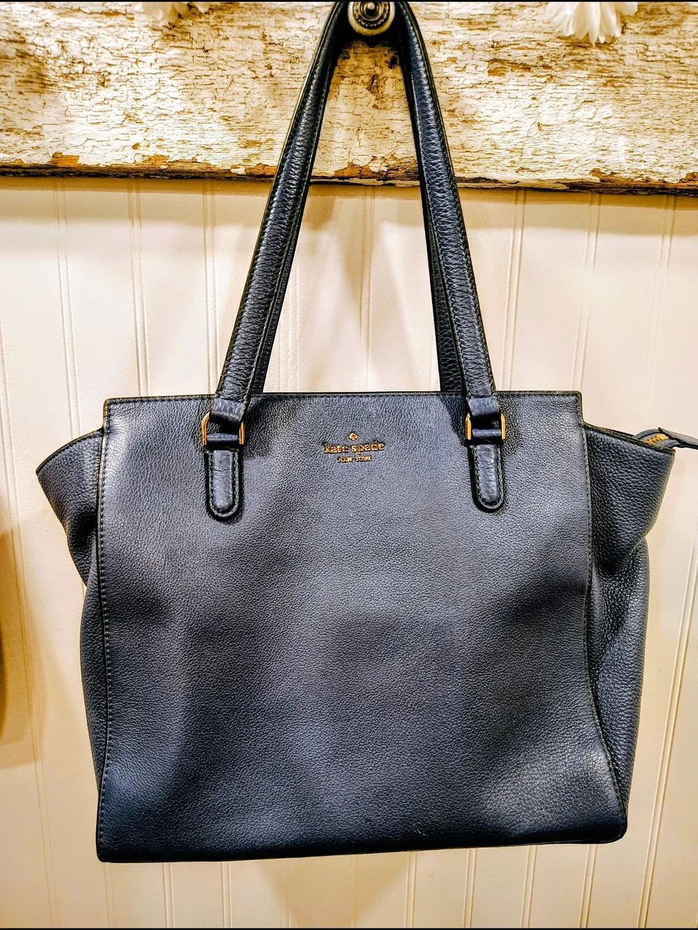 Kate Spade Cowhide Leather Tote with Cream Lining, Navy Blue EUC